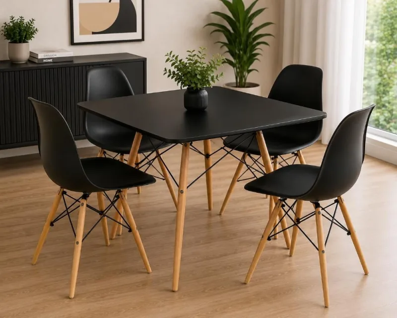 Mesa Quadrada Eiffel 90 cm Preta + 4 Cadeiras Eiffel Pretas - Decoreshop