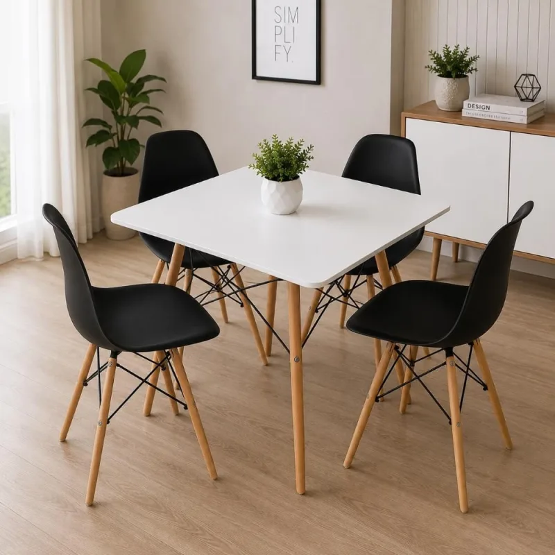 Conjunto Mesa Quadrada 90cm Branca  4 Cadeiras Eiffel Pretas - Decoreshop