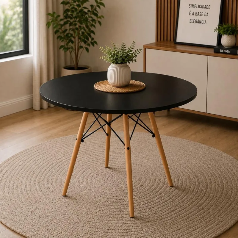 Mesa de Jantar Eiffel Redonda 100cm Preto Pés Madeira - Decoreshop - Móveis