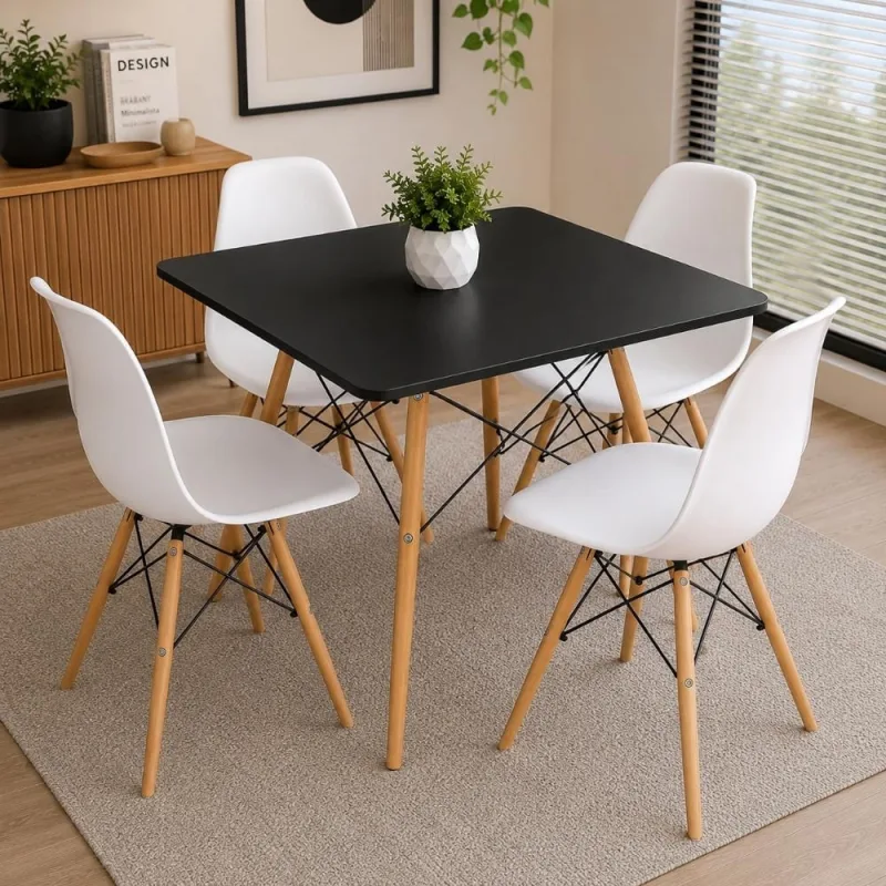 Conjunto Mesa Eiffel Quadrada Preta 4 Cadeiras Eiffel Brancas - Decoreshop