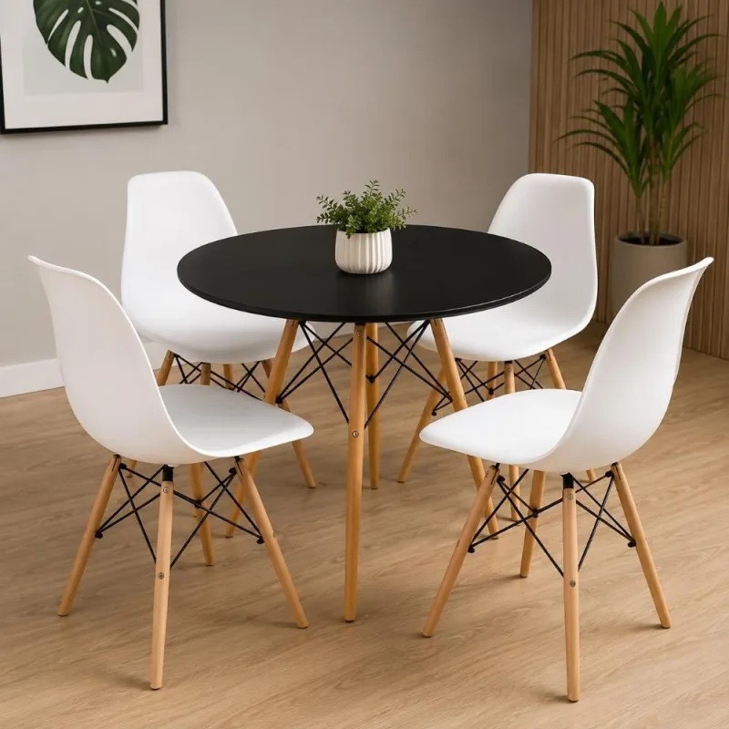 Mesa Eiffel Redonda 80cm Preta + 4 Cadeiras Eiffel Brancas - Decoreshop - Móveis