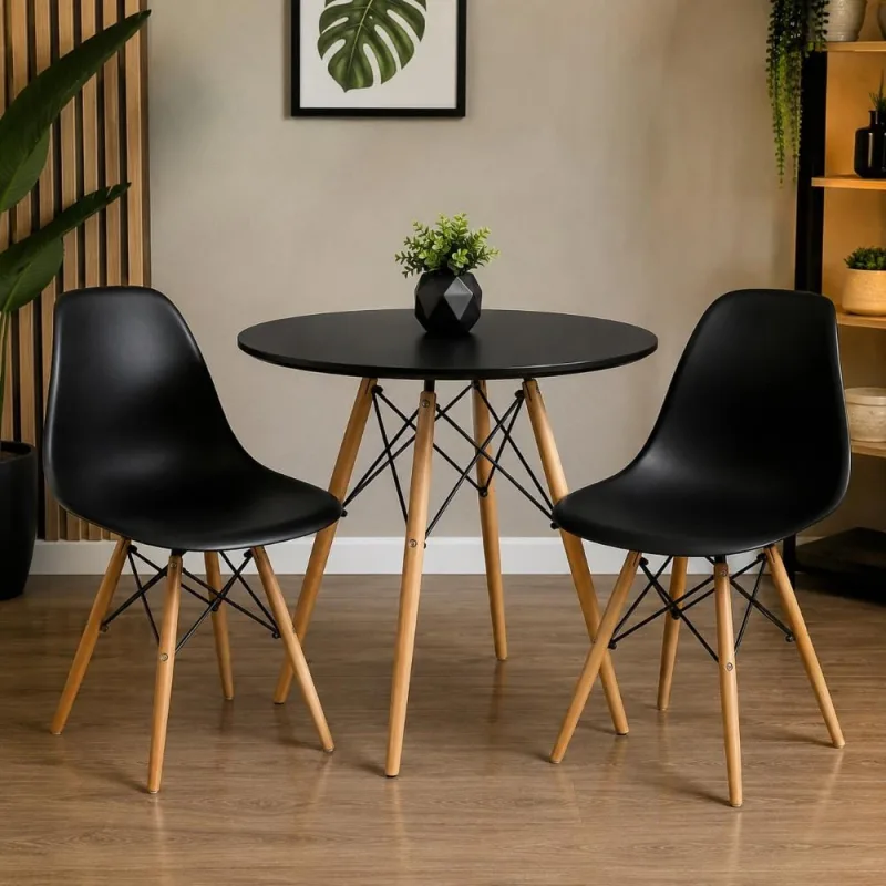 Conjunto Mesa Eiffel Redonda 80cm Preta + 2 Cadeiras Eiffel Pretas - Decoreshop
