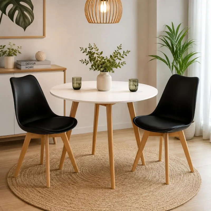 Conjunto Mesa Leda Redonda 90cm Branca + 2 Cadeiras Leda Preta - Decoreshop