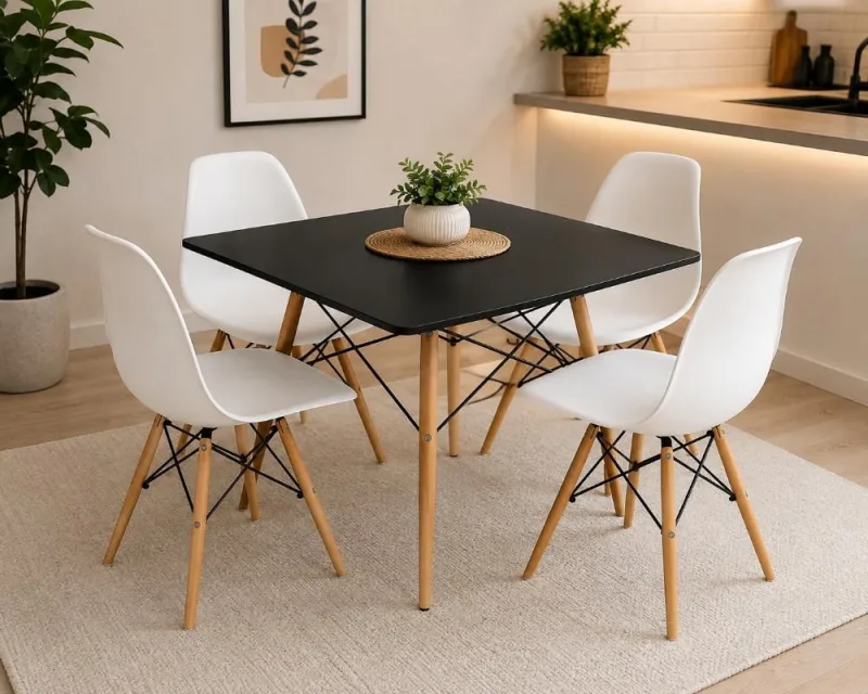 Conjunto de Jantar Mesa Eiffel Quadrada 80cm Preta + 4 Cadeiras Eiffel Brancas - Decoreshop