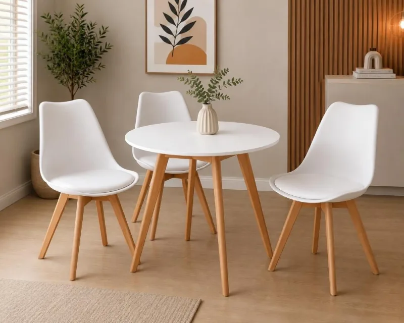 Conjunto Mesa Leda Redonda Branca 90cm + 3 Cadeiras Brancas - Decoreshop - Móveis