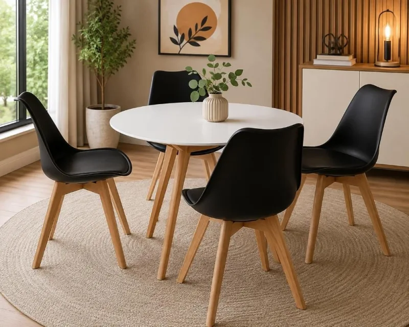 Conjunto Mesa Leda Redonda 90cm Branca + 4 Cadeiras Leda Pretas - Decoreshop - Móveis