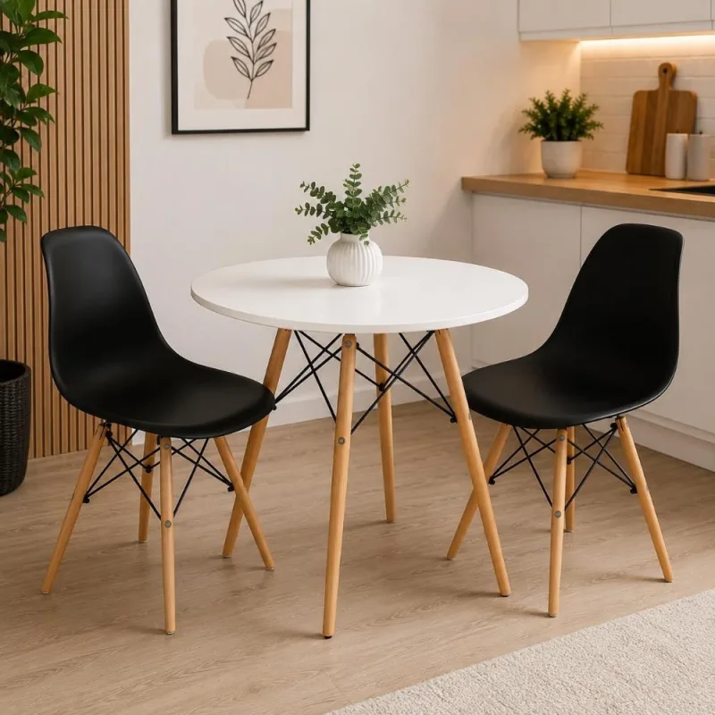 Conjunto de Jantar Mesa Eiffel Redonda 70cm Branca + 2 Cadeiras Eiffel Pretas - Decoreshop - Móveis