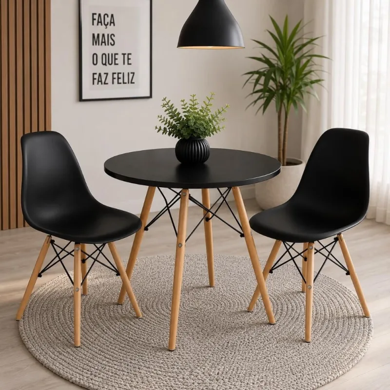 Conjunto de Jantar Mesa Eiffel Redonda 70cm  + 2 Cadeiras Eiffel Preta - Decoreshop - Móveis