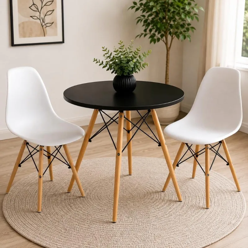 Conjunto de Jantar Mesa Eiffel Redonda 70cm Preta + 2 Cadeiras Eiffel Brancas - Decoreshop - Móveis