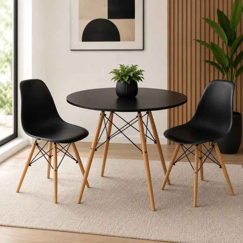 Conjunto Mesa de Jantar Eiffel Redonda 90cm + 2 Cadeiras Eiffel Pretas - Decoreshop - Móveis