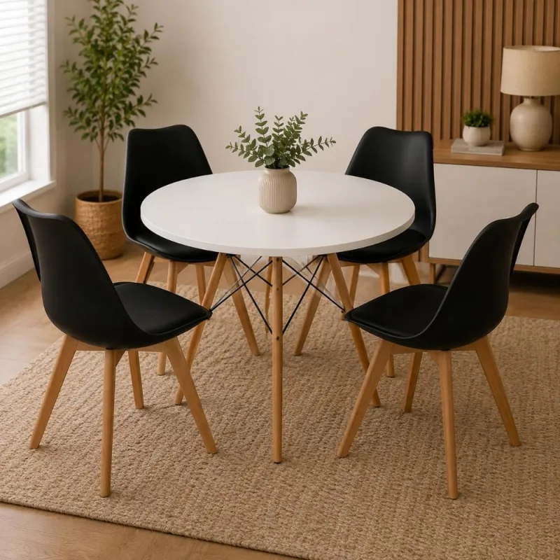 Conjunto Mesa Eiffel Redonda 90cm Branca + 4 Cadeiras Leda Pretas - Decoreshop - Móveis