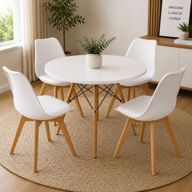 Conjunto Mesa Eiffel Redonda 90cm Branca + 4 Cadeiras Leda Brancas - Decoreshop