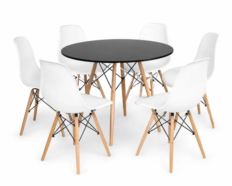 Conjunto Eiffel  Mesa 100 cm Preta com 6 cadeiras Brancas - Decoreshop - Móveis