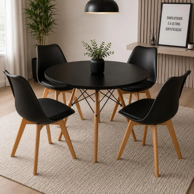 Conjunto Mesa Eiffel Preta 80cm + 4 Cadeiras Leda Pretas - Decoreshop - Móveis