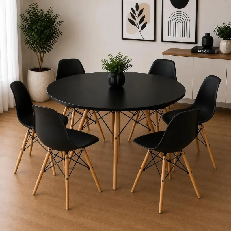 Conjunto Mesa Eiffel Preta 120cm + 6 Cadeiras Eiffel Pretas - Decoreshop