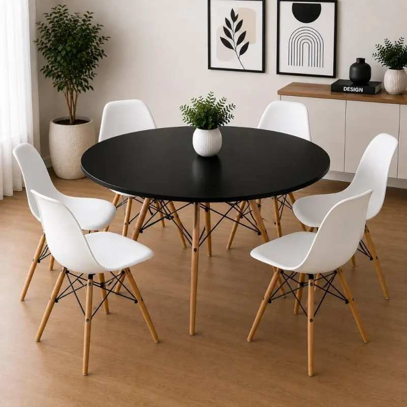 Conjunto Mesa Eiffel Preta 120cm + 6 Cadeiras Eiffel Brancas - Decoreshop