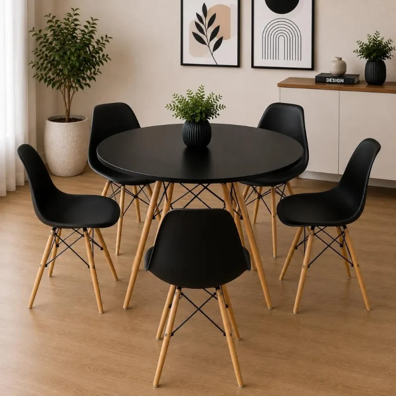 Conjunto Mesa Eiffel Preta 120cm + 5 Cadeiras Eiffel Pretas - Decoreshop - Móveis