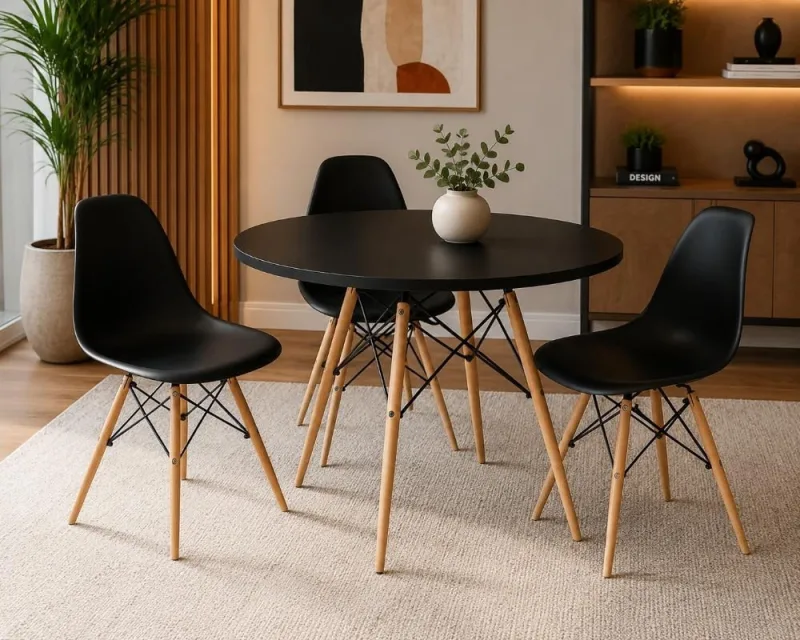 Conjunto Mesa Eiffel Redonda 80cm + 3 Cadeiras Eiffel Pretas - Decoreshop