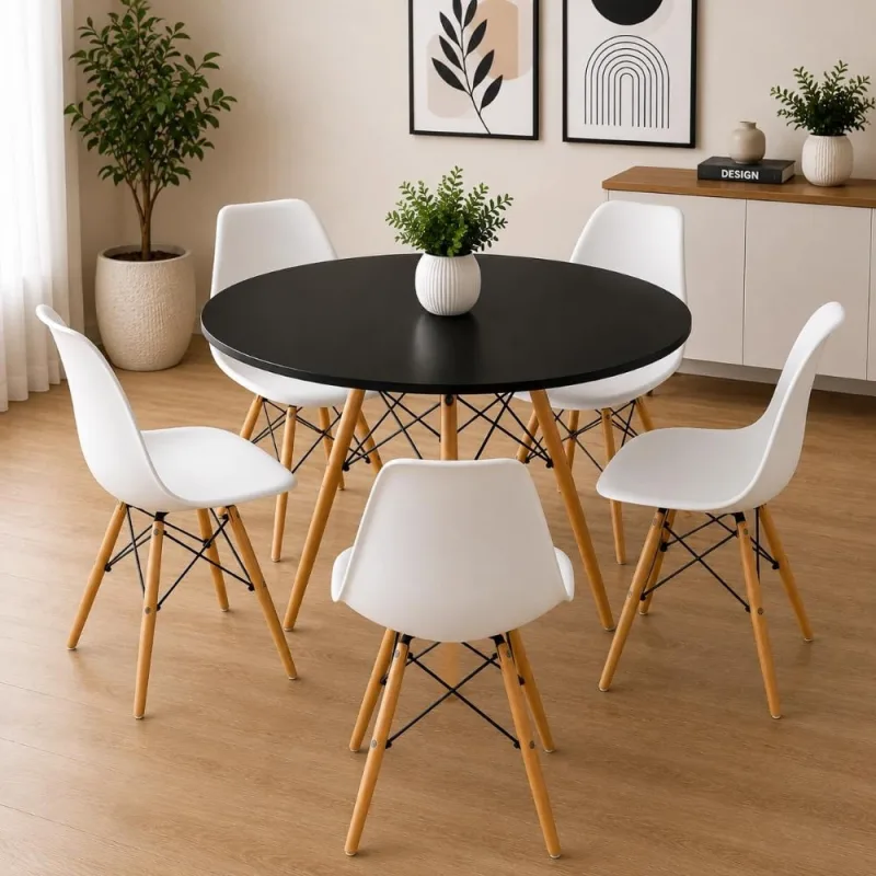 Conjunto Mesa Eiffel Preta 120cm + 5 Cadeiras Eiffel Brancas - Decoreshop