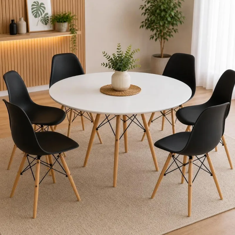 Conjunto Mesa Eiffel Branca 120cm + 6 Cadeiras Eiffel Pretas - Decoreshop - Móveis