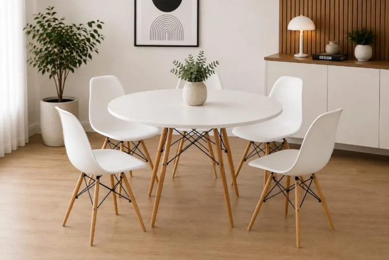 Conjunto Mesa Eiffel Branca 120cm + 5 Cadeiras Eiffel Brancas - Decoreshop