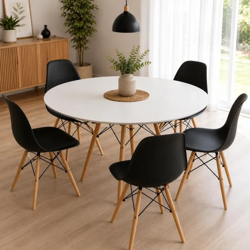Conjunto Mesa Eiffel Branca 120cm + 5 Cadeiras Eiffel Pretas - Decoreshop
