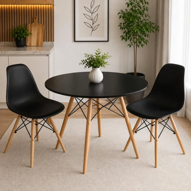 Conjunto Mesa de Jantar Eames Eiffel Redonda 100cm com 2 Cadeiras Pretas - Decoreshop