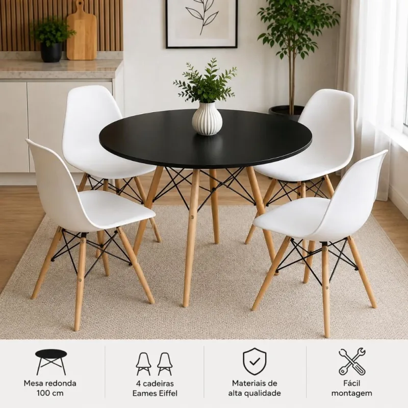 Conjunto Mesa Eiffel Redonda 100cm Preta + 4 Cadeiras Eiffel Brancas - Decoreshop