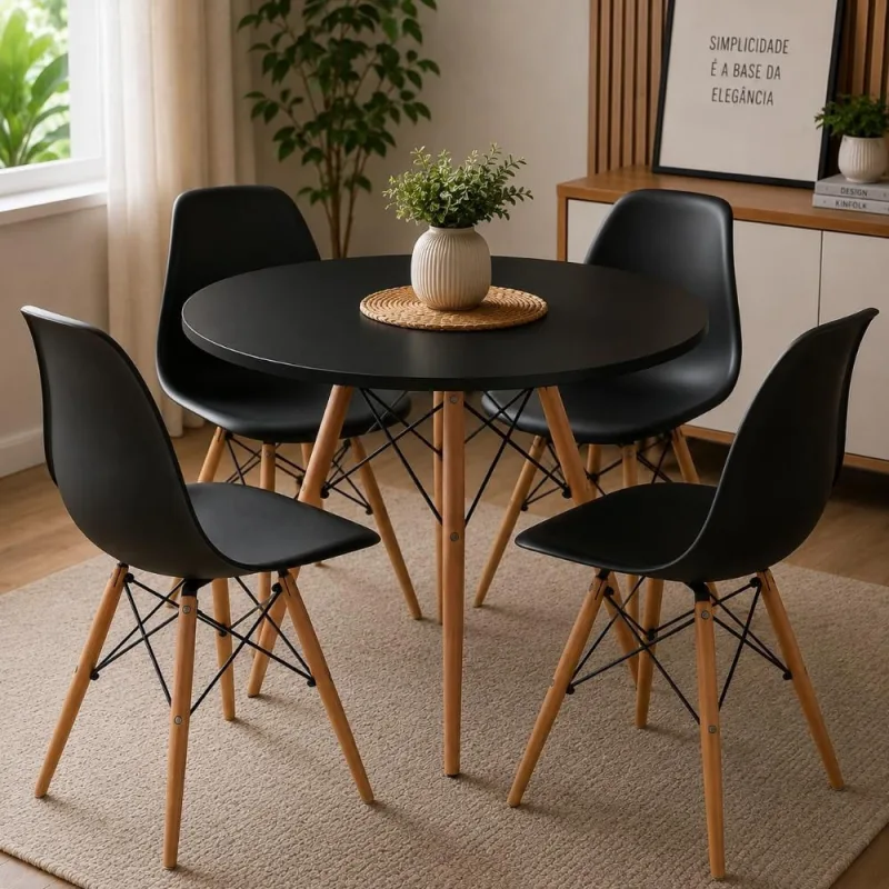 Conjunto Mesa Eiffel Redonda 100 cm + 4 Cadeiras Eiffel Preto - Decoreshop