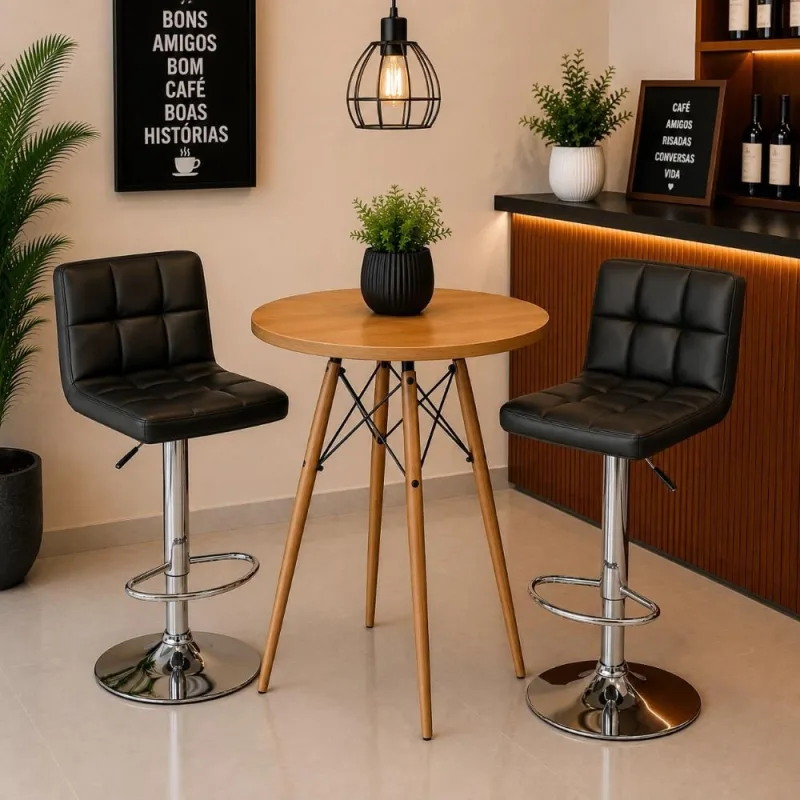 Conjunto Mesa Bistrô Eiffel Bari Freijó 60 cm + 2 Banquetas Gomos - Decoreshop