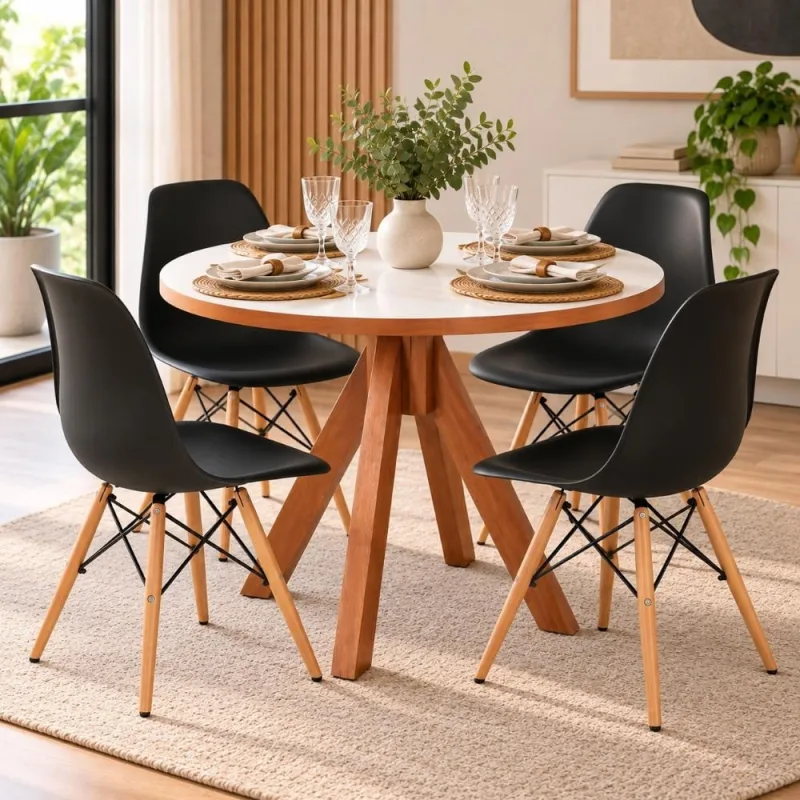 Conjunto Mesa Dallas Redonda 90 cm Branca + 4 Cadeiras Eiffel Preto - Decoreshop