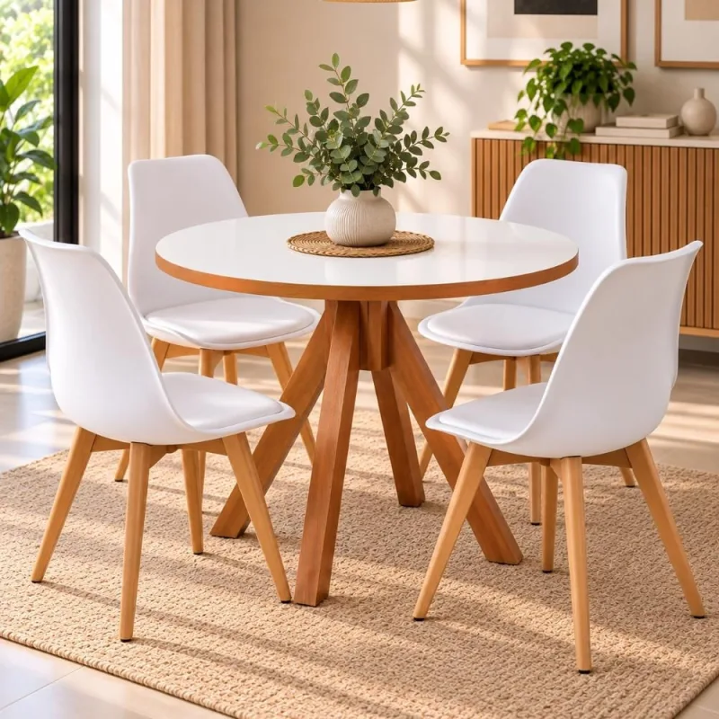 Conjunto Mesa Dallas Redonda 90 cm  + 4 Cadeiras Leda  - Branco - Decoreshop