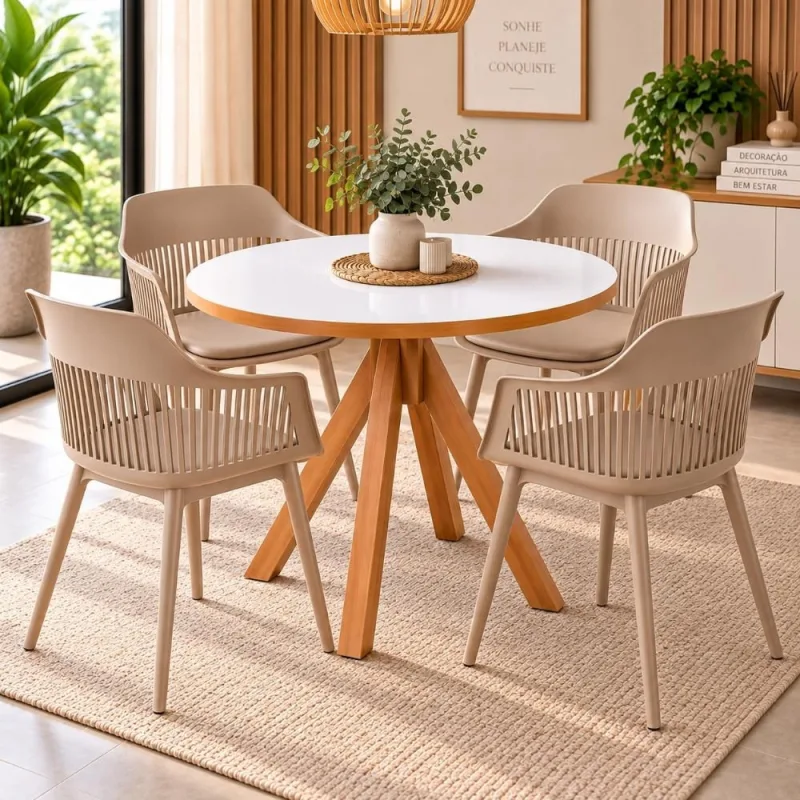 Conjunto Mesa Dallas Redonda 90 cm Branca + 4 Cadeiras Marcela Nude - Decoreshop - Móveis