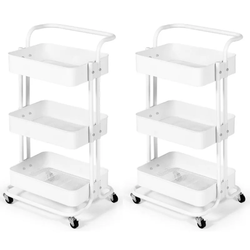 Kit 2 Carrinho Multiuso Organizador 3 Prateleiras Em Ferro - Branco