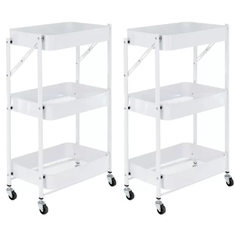 Kit 2 Carrinho Multiuso Organizador Dobrável Com 3 Prateleiras - Branco