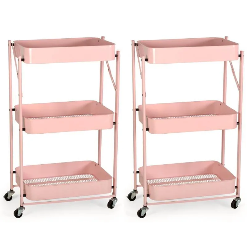 Kit 2 Carrinho Multiuso Organizador Dobrável Com 3 Prateleiras - Rosa