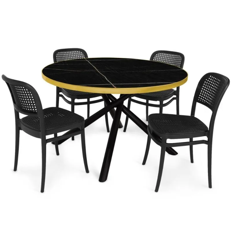 Conjunto de Jantar Solaris Roma 4 Lugares Tampo de Vidro Marmorizado Preto 120cm Magazine Decor - OUTRAS