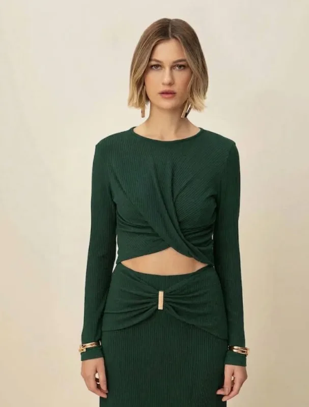 Blusa Morena Rosa Decote Redondo Manga Longa Canelada Verde - Morena Rosa - Outlet