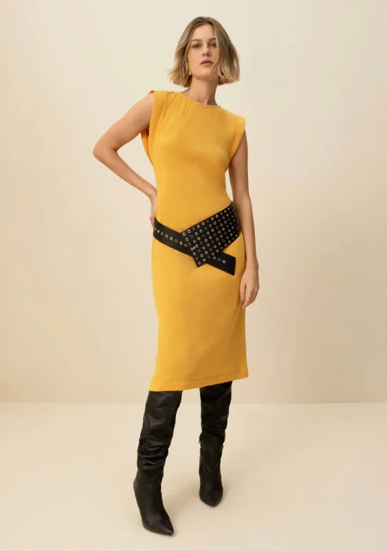 Vestido Morena Rosa Midi Decote Redondo Com Franzido Amarelo - Morena Rosa
