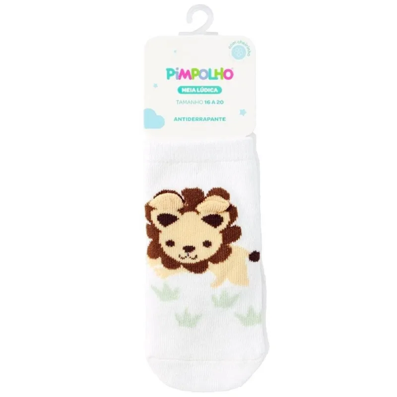 Meia Lúdica Pimpolho Leão Antiderrapante Branco 16-20 47302 (MP) - pimpolho