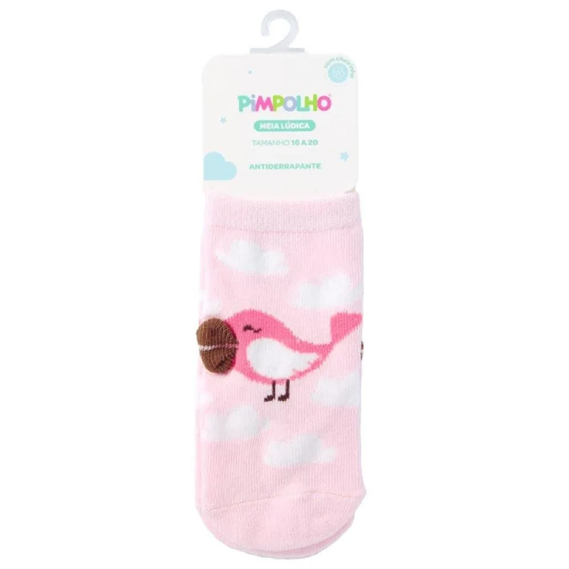Meia Lúdica Pimpolho Passarinho Antiderrapante Rosa 16-20 47202 (MP)
