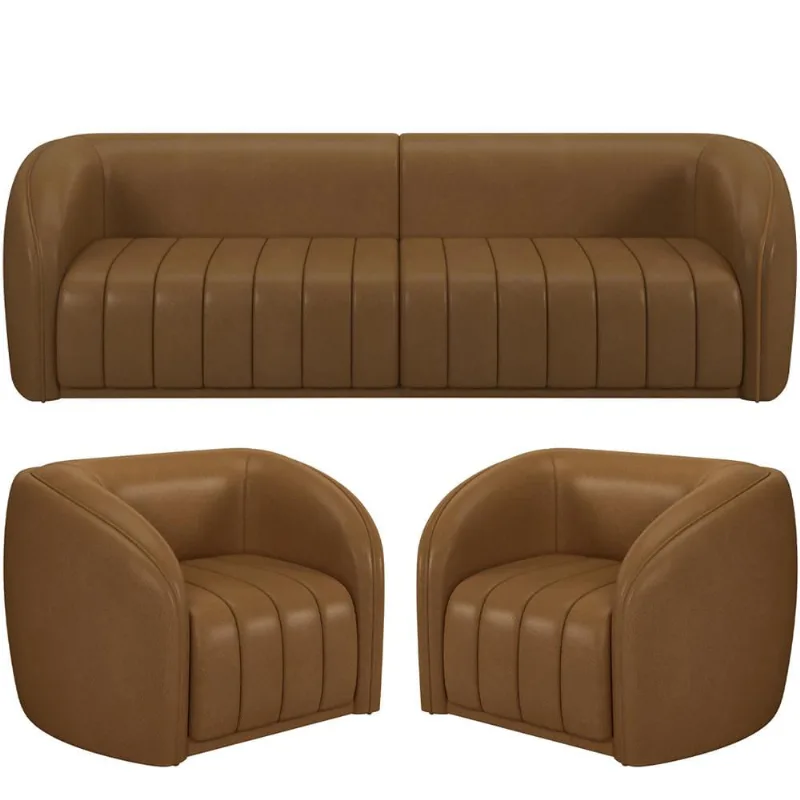 Kit Sofá 05 Lugares Para Sala 332 cm com 02 Poltronas Lazio M03 Couríssimo Whisky - Lyam Decor - Lyam Decor