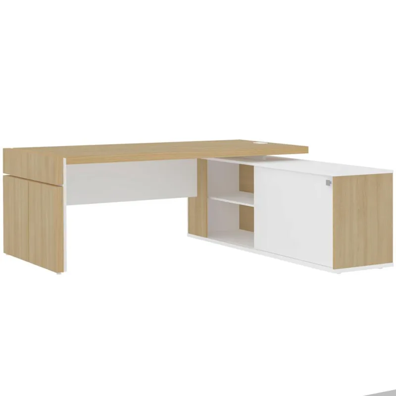 Mesa Escritório Em L Caixa Com Tomada Atria Executiva 200x183cm A02 Carvalho Branco - Lyam Decor - Lyam Decor