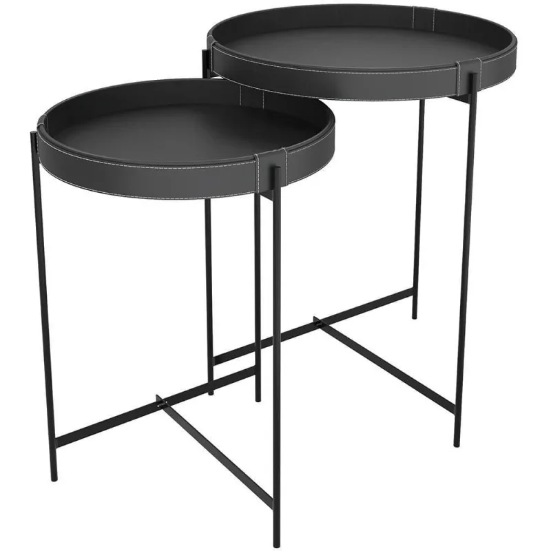 Kit 02 Mesas De Canto Lateral Decorativa Industrial Sala De Estar 56 Cm Sintético Preto P06 Daisy - Lyam Decor