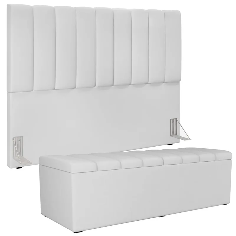 Kit Cabeceira Cama Box Casal King 195cm com Calçadeira Baú Dália W01 Facto Branco - Lyam - Lyam Decor - Colchões