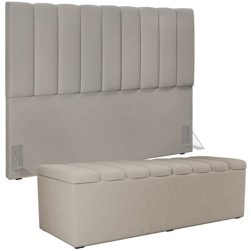 Kit Cabeceira Cama Box Casal King 195cm Com Calçadeira Baú Dália W01 Linho Bege - Lyam - Lyam Decor - Agro