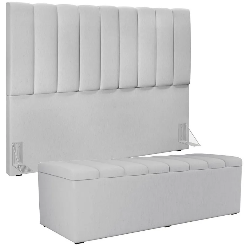 Kit Cabeceira Cama Box Casal King 195cm Com Calçadeira Baú Dália W01 Linho Cinza - Lyam