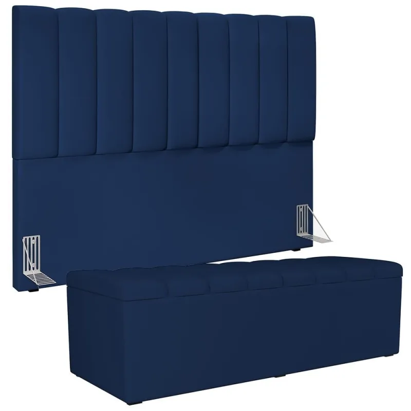 Kit Cabeceira Cama Box Casal King 195cm com Calçadeira Baú Dália W01 Suede Azul Marinho - Lyam - Lyam Decor - Colchões