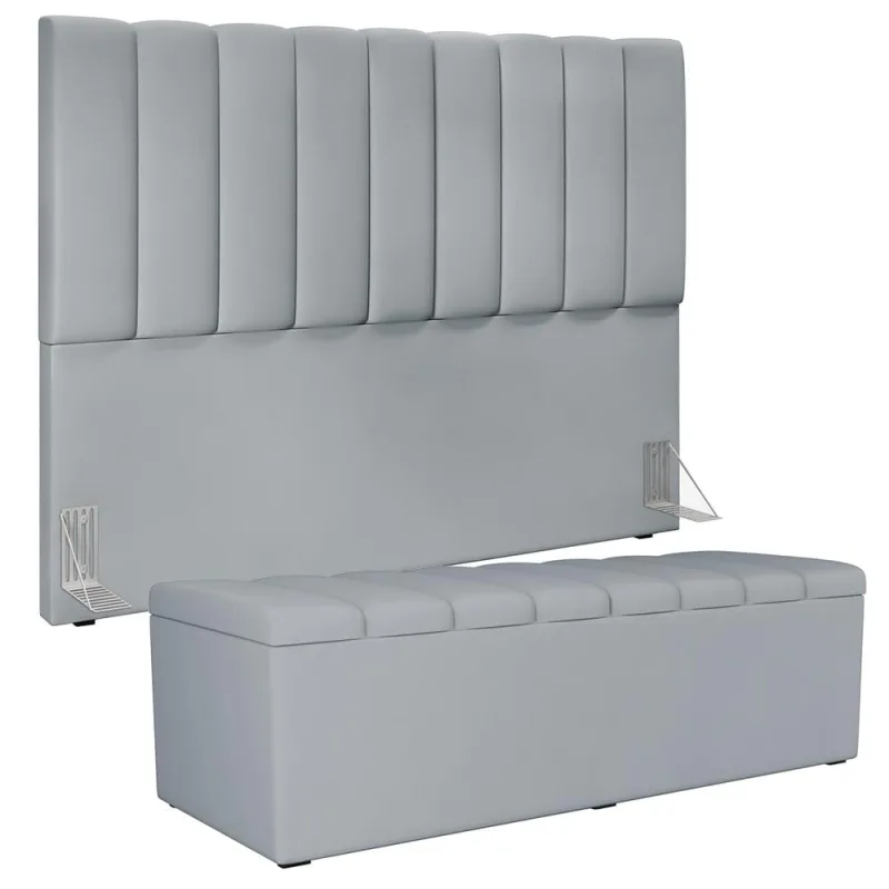 Kit Cabeceira Cama Box Casal King 195cm com Calçadeira Baú Dália W01 Suede Cinza - Lyam - Lyam Decor - Colchões