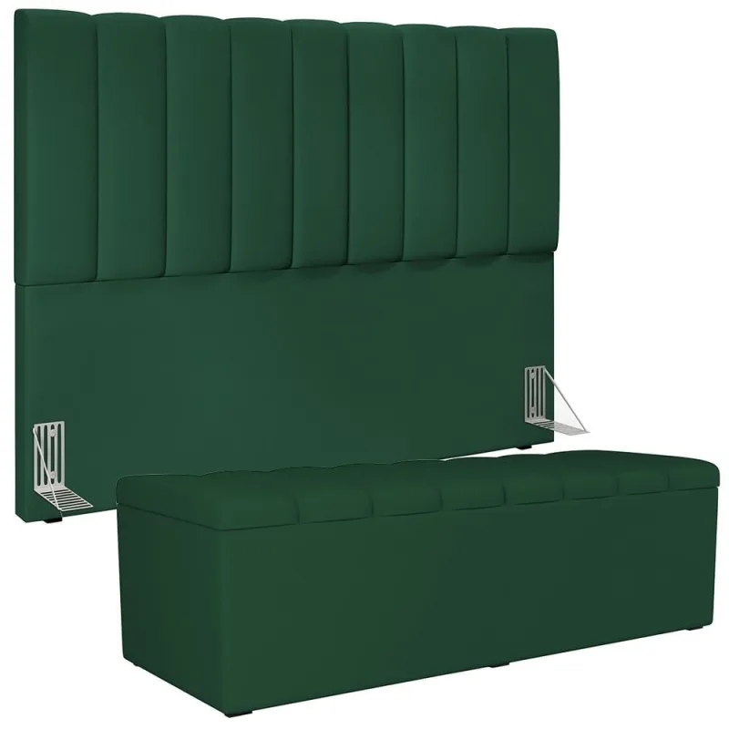 Kit Cabeceira Cama Box Casal King 195cm com Calçadeira Baú Dália W01 Suede Verde Musgo - Lyam - Lyam Decor